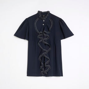 Navy Angel Sleeve Ruffle Shirt