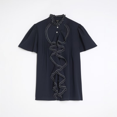 Navy Angel Sleeve Ruffle Shirt