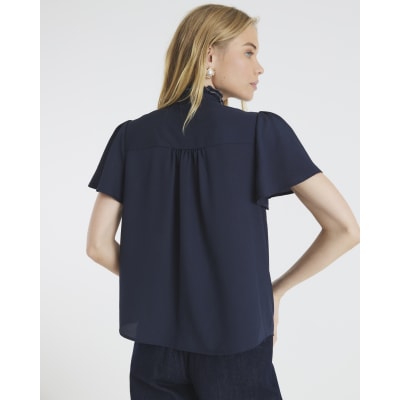 Navy Angel Sleeve Ruffle Shirt