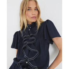 Navy Angel Sleeve Ruffle Shirt