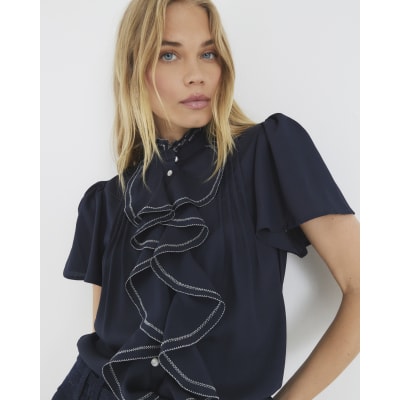 Navy Angel Sleeve Ruffle Shirt