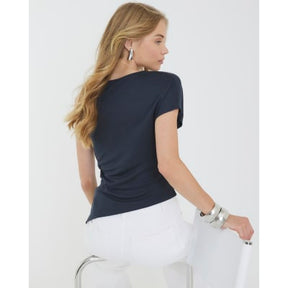 Navy Asymmetric Short Sleeve Drape Top
