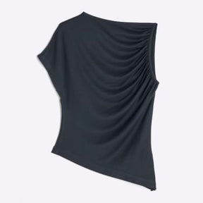 Navy Asymmetric Short Sleeve Drape Top