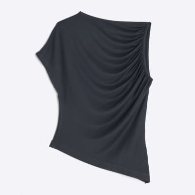 Navy Asymmetric Short Sleeve Drape Top