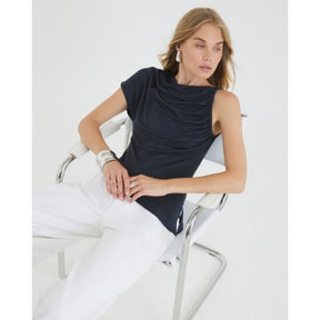 Navy Asymmetric Short Sleeve Drape Top