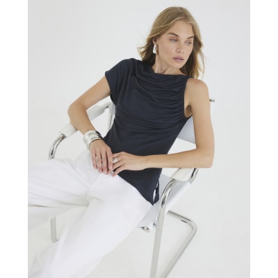 Navy Asymmetric Short Sleeve Drape Top