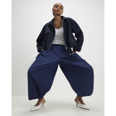 Navy Barrel Leg Trousers