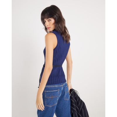 Navy Belted Knit ribbed tank top