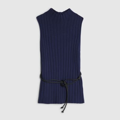 Navy Belted Knit ribbed tank top