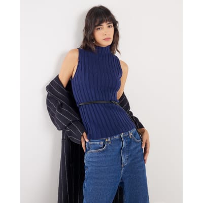 Navy Belted Knit ribbed tank top