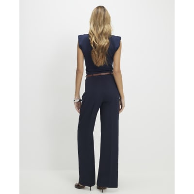 Navy Belted Straight Leg Trousers