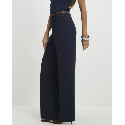 Navy Belted Straight Leg Trousers