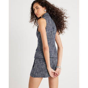 Navy Boucle High Neck Collared Waistcoat