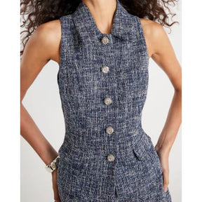 Navy Boucle High Neck Collared Waistcoat