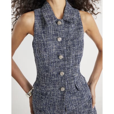 Navy Boucle High Neck Collared Waistcoat