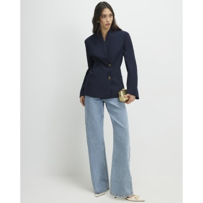 Navy Collarless Blazer