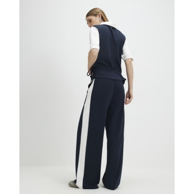 Navy Colour Blocked Wide Leg Trousers