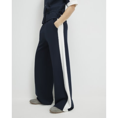 Navy Colour Blocked Wide Leg Trousers