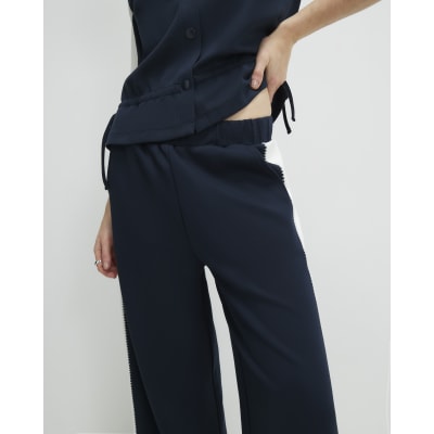 Navy Colour Blocked Wide Leg Trousers