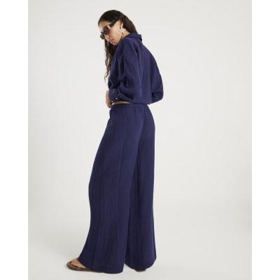 Navy Crinkle Drawstring Wide Leg Trousers