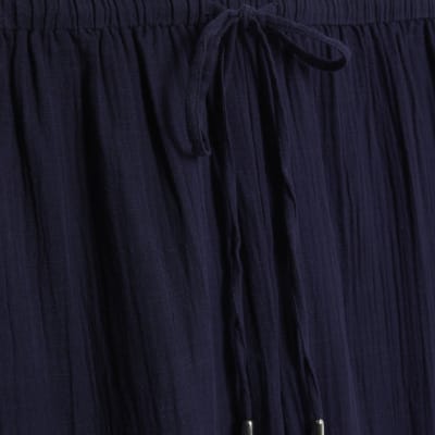 Navy Crinkle Drawstring Wide Leg Trousers