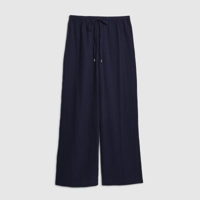 Navy Crinkle Drawstring Wide Leg Trousers
