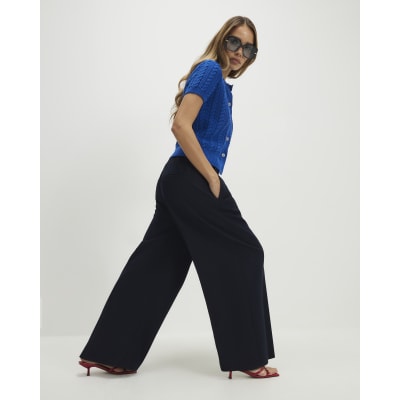 Navy Denim Look Wide Leg Trousers