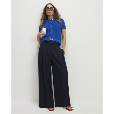 Navy Denim Look Wide Leg Trousers
