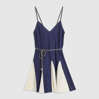 Navy Godet Tie Back Mini Dress