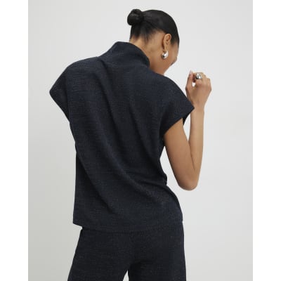 Navy High Neck Glitter Top