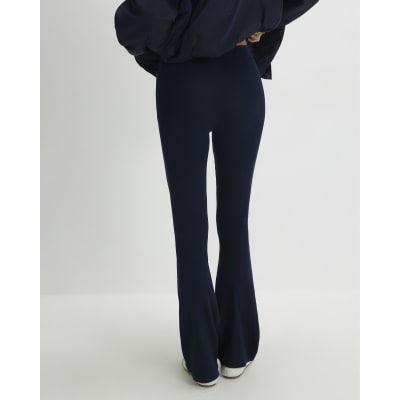 Navy High Waisted Ribbed Flare Leggings