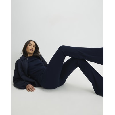 Navy High Waisted Ribbed Flare Leggings