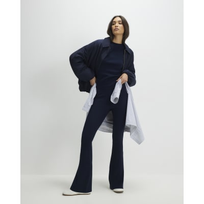 Navy High Waisted Ribbed Flare Leggings