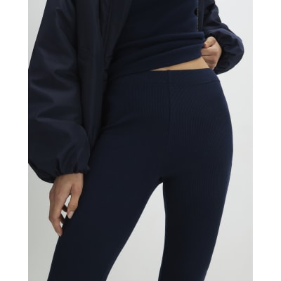 Navy High Waisted Ribbed Flare Leggings