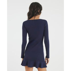 Navy Knitted Long Sleeve Peplum Mini Dress