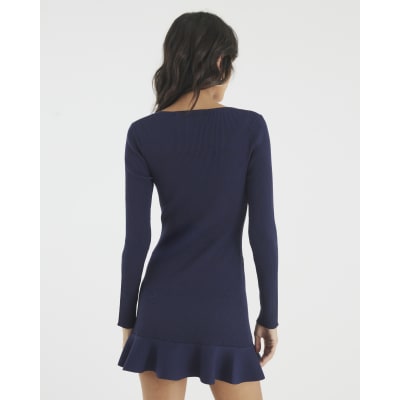 Navy Knitted Long Sleeve Peplum Mini Dress