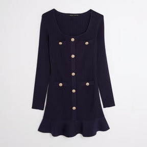 Navy Knitted Long Sleeve Peplum Mini Dress