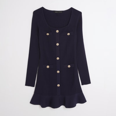 Navy Knitted Long Sleeve Peplum Mini Dress