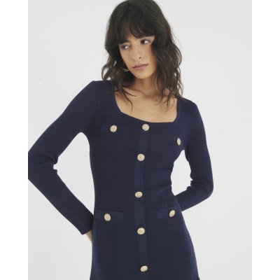 Navy Knitted Long Sleeve Peplum Mini Dress