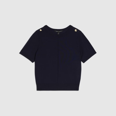 Navy Knitted Short Sleeve Top