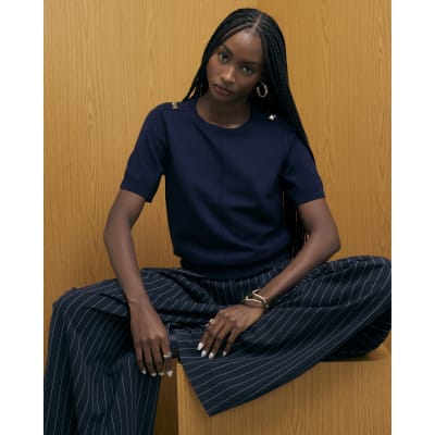Navy Knitted Short Sleeve Top
