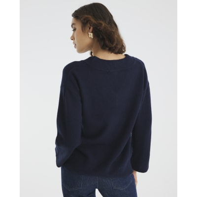 Navy Knitted V Neck Jumper