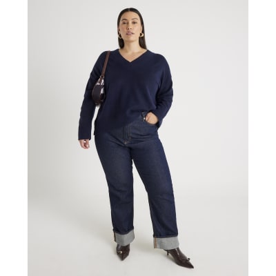 Navy Knitted V Neck Jumper