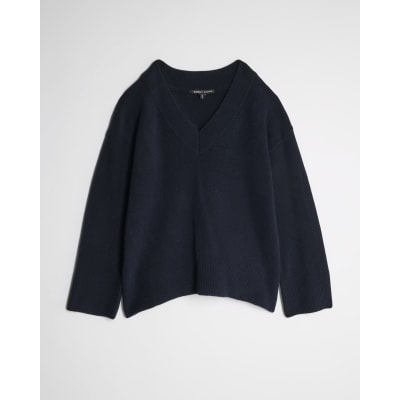 Navy Knitted V Neck Jumper