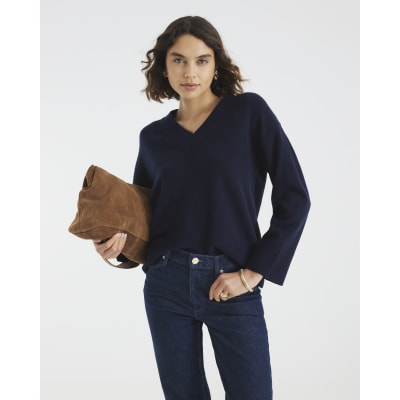 Navy Knitted V Neck Jumper