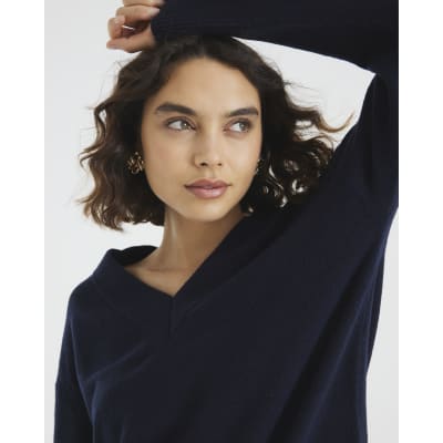 Navy Knitted V Neck Jumper
