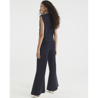 Navy Knitted Wide Leg Trousers