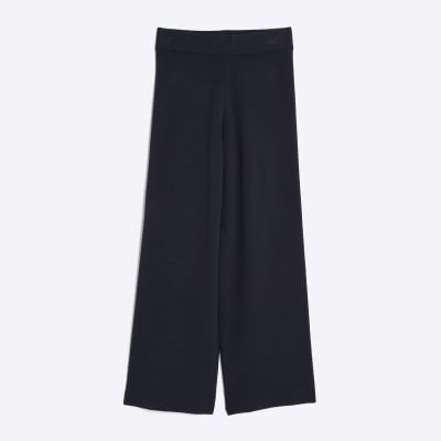 Navy Knitted Wide Leg Trousers