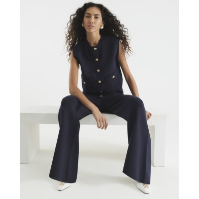 Navy Knitted Wide Leg Trousers