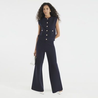 Navy Knitted Wide Leg Trousers